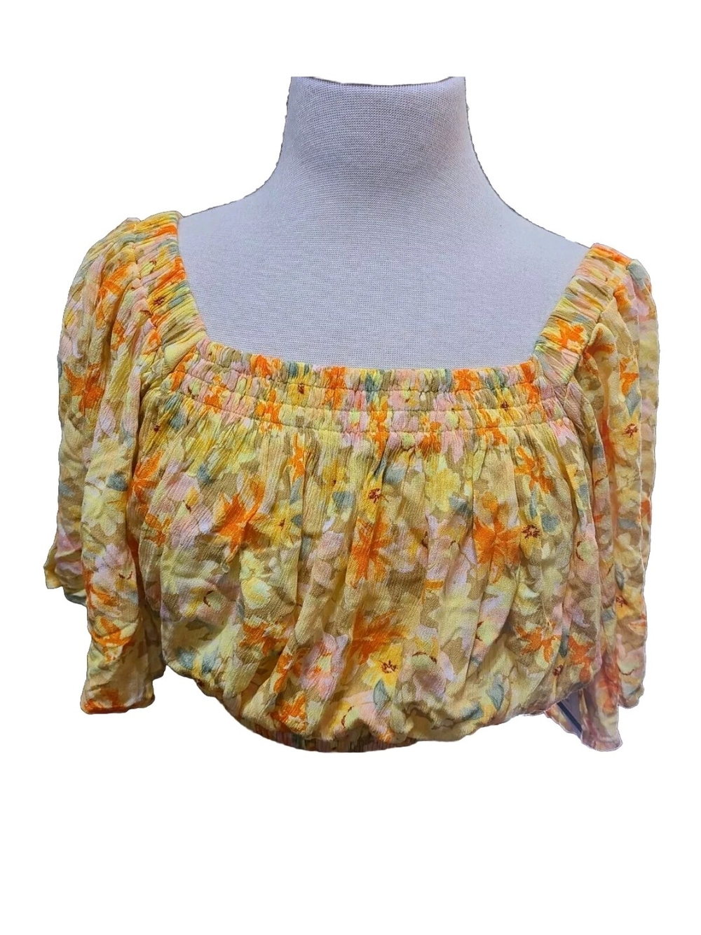 Rip Curl Yellow Floral Smocked Crop Top